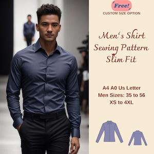 May include: A sewing pattern for a slim fit shirt. The pattern includes sizes 35 to 56, XS to 4XL. The pattern is available in A4, A0, and US Letter sizes. "Free! Custom Size Option" is written in red at the top of the image.