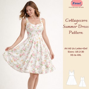 Könnte beinhalten: Ein weißes Cottagecore-Sommerkleidmuster mit einem Blumendruck aus rosa und gelben Rosen. Das Kleid hat einen Sweetheart-Ausschnitt und einen ausgestellten Rock. Der Text "Free!" und "Custom Size Option" ist enthalten. Größen: US 2-30, XS bis 4XL.