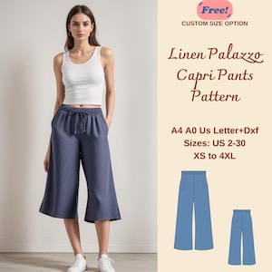 Może przedstawiać: Cyfrowy wzór szycia na spodnie palazzo capri z lnu. Wzór obejmuje rozmiary US 2-30, XS do 4XL i jest dostępny w formatach A4, A0, US Letter i DXF. Obraz przedstawia kobietę w spodniach i rysunek liniowy spodni.