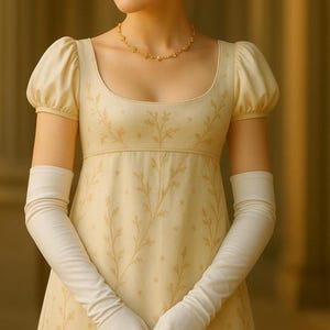 May include: A woman wearing a white dress with a floral pattern and long white gloves. She is wearing a gold necklace.