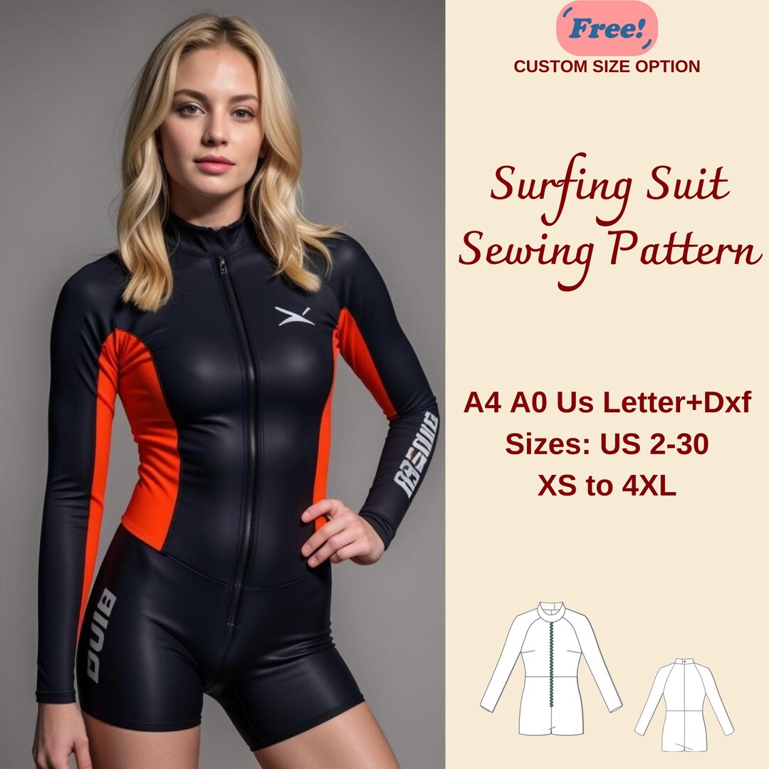 Surfing Suit Sewing Pattern: Women's Raglan Sleeve Swimsuit (XS-4XL ...