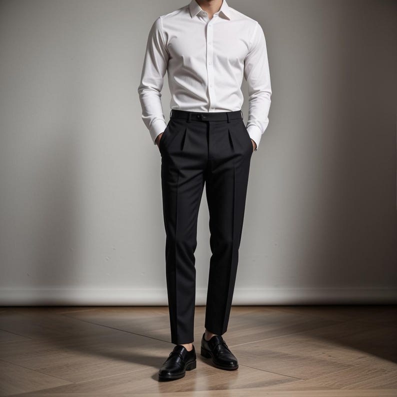 May include: A white long-sleeve dress shirt paired with black dress pants and black leather shoes. The pants have a pleated front. The outfit is a classic formal style, suitable for business or special occasions.