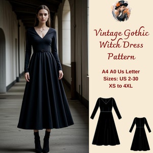 Vintage Gothic Midi Dress Sewing Pattern, Witch Dress, V Neck Dress Pattern, Medieval Cosplay dress pattern, Midi Prom dress, XS-4XL