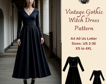 Vintage Gothic Midi Dress Sewing Pattern, Witch Dress, V Neck Dress Pattern, Medieval Cosplay dress pattern, Midi Prom dress, XS-4XL