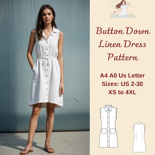 Button Down Linen Dress Sewing Pattern, Button Up Dress Sewing Pattern, Linen Dress, Button Front Dress, Million Button Dress, XS-4XL