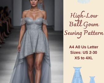 Off Shoulder High-Low Ball Gown Sewing Pattern (A4 A0 US Sizes XS-4XL) (PDF)