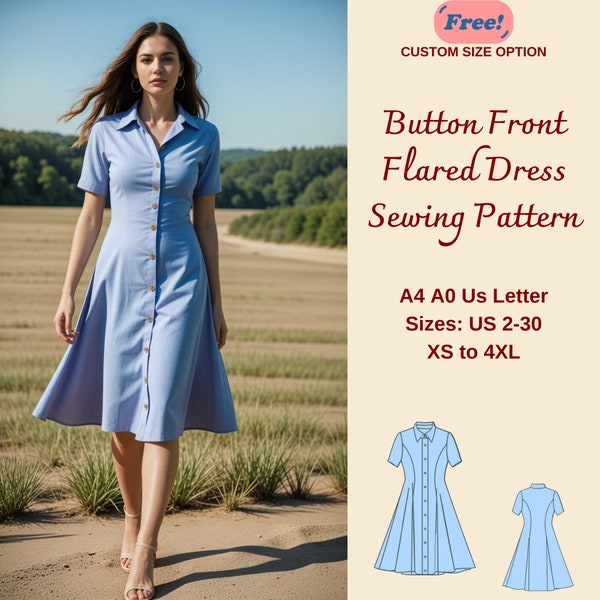 Button Down Dress Sewing Pattern, Cottagecore Dress Sewing Pattern, Flared Dress Pattern, Button Front Dress, Million Button Dress, XS-4XL