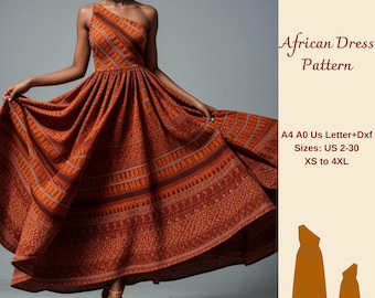 One Shoulder African Dress Sewing Pattern: Maxi Circle, XS-4XL (Digital Download)