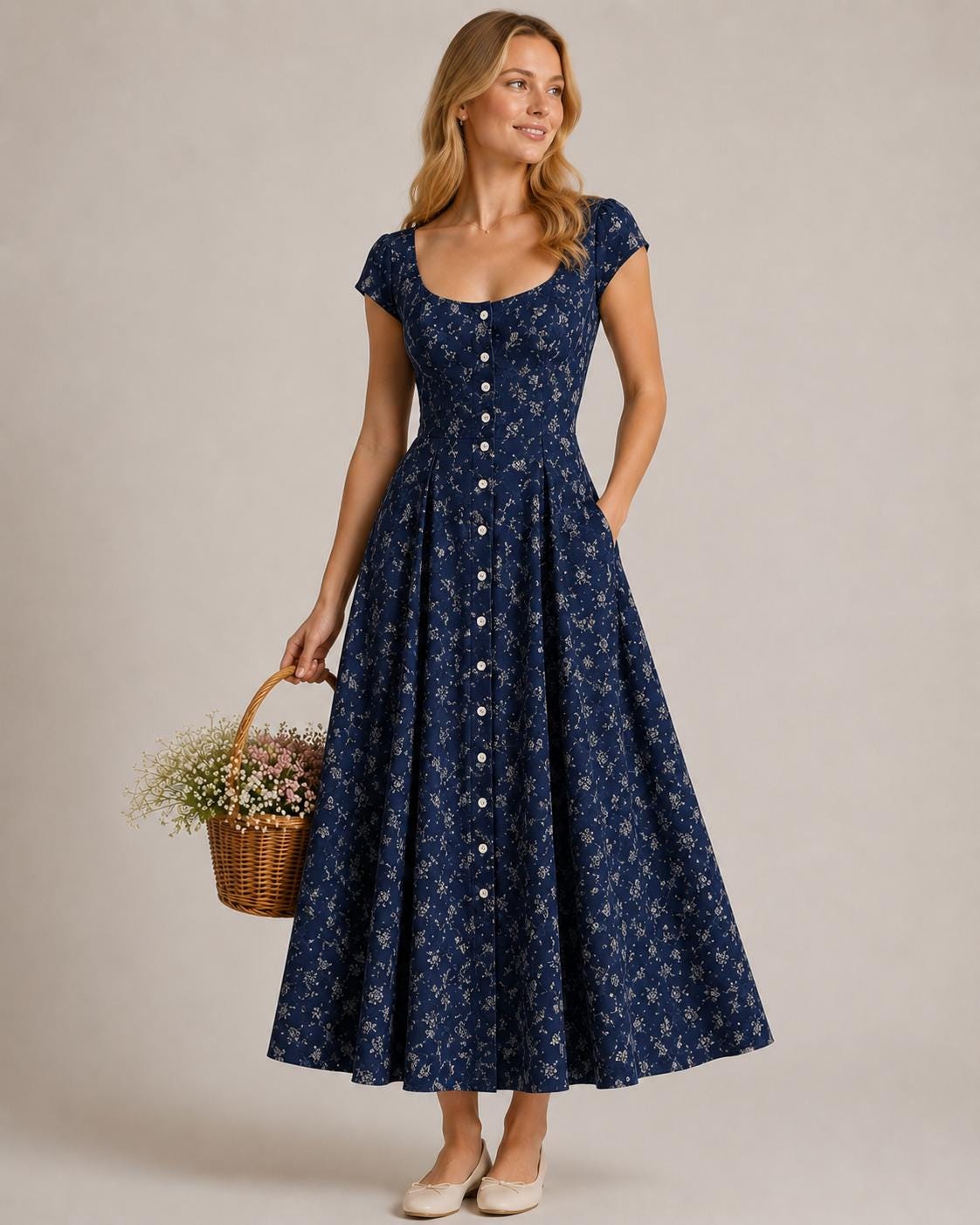 button front midi dress pattern Simple Joy Button Down Floral Midi Dress M / light-pink