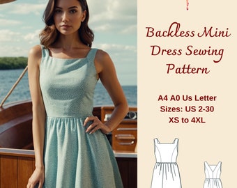 May include: A sewing pattern for a sleeveless mini dress with a square neckline and a gathered skirt. The pattern is available in sizes US 2-30, XS to 4XL, and comes in A4, A0, and US Letter sizes.