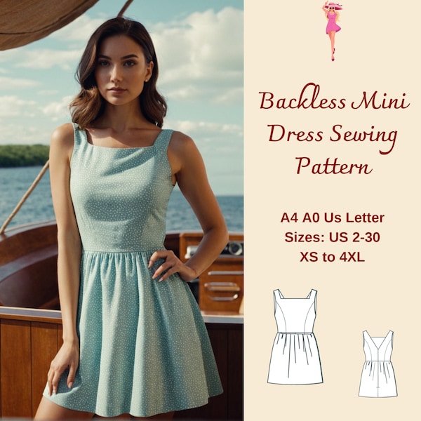 Backless Mini Gathered Dress Sewing Pattern, Gathering Skirt Dress, Open Back Summer Dress Pattern, Prom Dress, Open Back Dress , XS-4XL