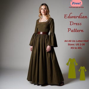 Op de afbeelding: Een digitaal naaipatroon voor een Edwardiaanse jurk. Het patroon omvat de maten US 2-30, XS tot 4XL. Het patroon is beschikbaar in de formaten A4, A0, US Letter en DXF. De afbeelding toont een vrouw die een groene jurk draagt met een bruine riem. Het patroon wordt ook in een kleinere maat getoond, in geel.