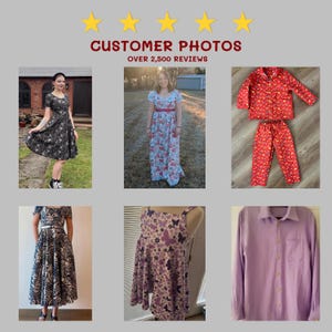 May include: A collage of customer photos featuring various garments: a black floral dress, a long patterned dress, red pajamas with a crescent moon print, a black and white leaf print dress, a purple butterfly print dress, and a solid light purple shirt.
