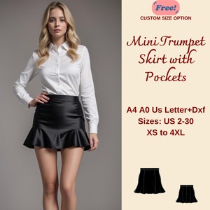 Peut inclure: Une jupe noire mini trompette avec des poches. La jupe a un ourlet à volants et est présentée sur un mannequin portant une chemise blanche boutonnée. L'image comprend le texte "Free! Custom Size Option", "Mini Trumpet Skirt with Pockets", "A4 A0 Us Letter+Dxf", "Sizes: US 2-30", et "XS to 4XL".