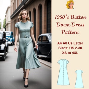 1950&#39;s Button Down Midi Trapeze Dress Sewing Pattern, 1950&#39;s dress, Cottagecore Dress, Button Front Dress, Million Button Dress, XS-4XL