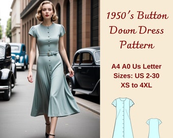 Patron de couture de robe trapèze midi boutonnée des années 1950, robe des années 1950, robe Cottagecore, robe boutonnée sur le devant, robe million de boutons, TP-4XL