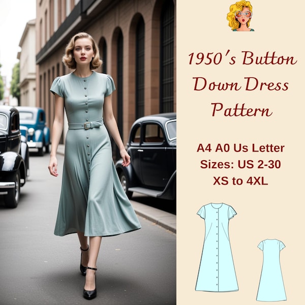 1950's Button Down Midi Trapeze Dress Sewing Pattern, 1950's dress, Cottagecore Dress, Button Front Dress, Million Button Dress, XS-4XL