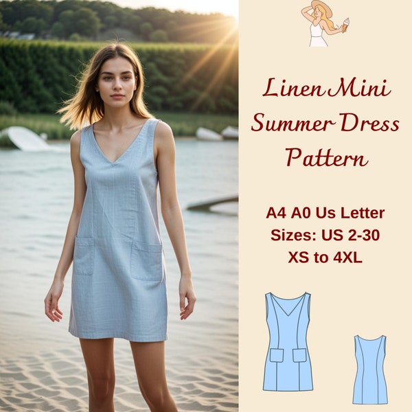 V-Neck Summer Dress Sewing Pattern, Linen Dress Pattern, Shift Dress Pattern, Casual Dress, Overall Dress, Milkmaid Dress, XS-4XL