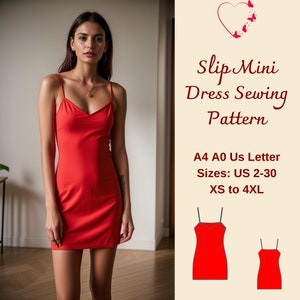May include: A red slip mini dress sewing pattern in sizes US 2-30 (XS to 4XL). The pattern is available in A4, A0, and US Letter sizes. The image shows a model wearing the dress.