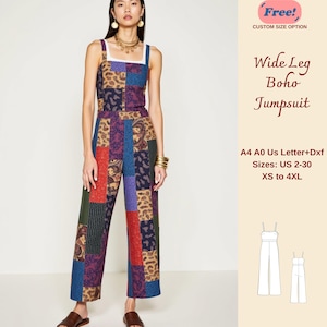 May include: A digital sewing pattern for a wide leg, boho jumpsuit. The pattern includes sizes US 2-30, XS to 4XL. The pattern is available in A4, A0, US Letter, and DXF formats. The image shows a woman wearing a patchwork jumpsuit with a white vest top underneath.