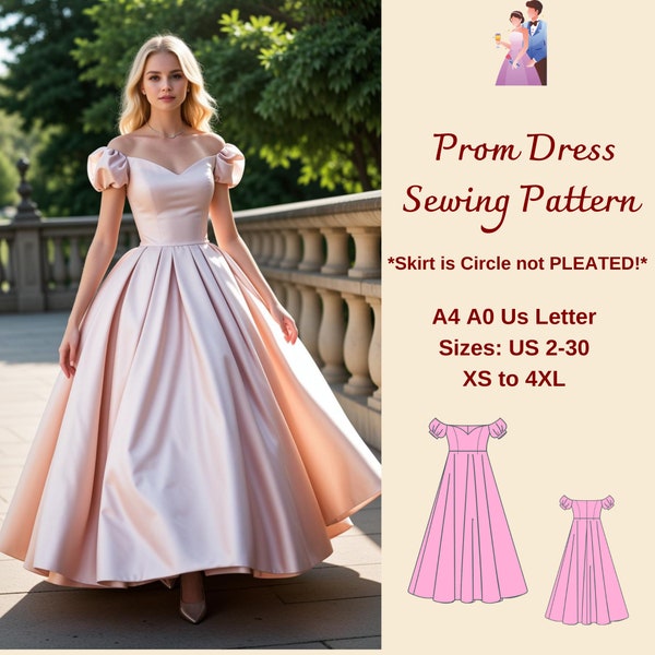 Prom Dress Sewing Pattern, Cocktail Dress, Ball Gown Pattern,  Anniversary Dress, Evening Gown Pattern, Full Circle Gown,  A4 A0 US, XS-4XL