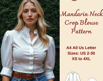 Stand Up Collar Crop Blouse Sewing Pattern, Mandarin Neck Top, Puff Sleeve Crop Top, Summer Blouse, Button Down Blouse Pattern, XS-4XL