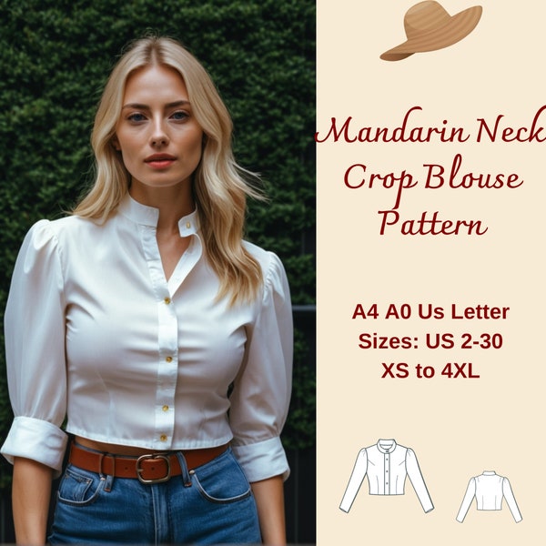 Naaipatroon crop top met pofmouwen, mandarijnkraag (pdf-patroon)