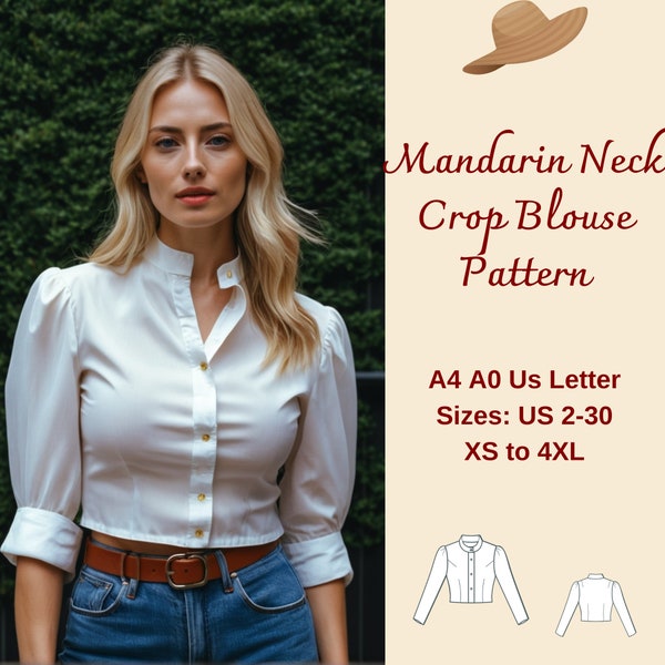 Stand Up Collar Crop Blouse Sewing Pattern, Mandarin Neck Top, Puff Sleeve Crop Top, Summer Blouse, Button Down Blouse Pattern, XS-4XL