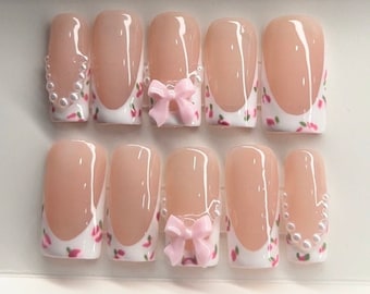 Coquette French Tip Press On Nails | Pink Bow, Pearls