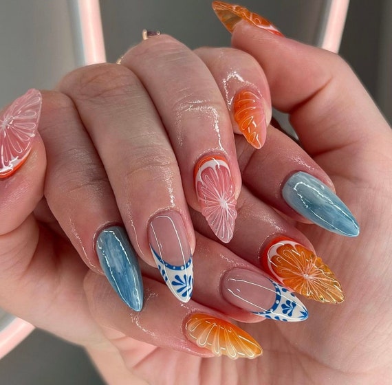 Almond Clase Azul Press on Nails 3D Orange Nail Art Almond Press Ons Etsy UK
