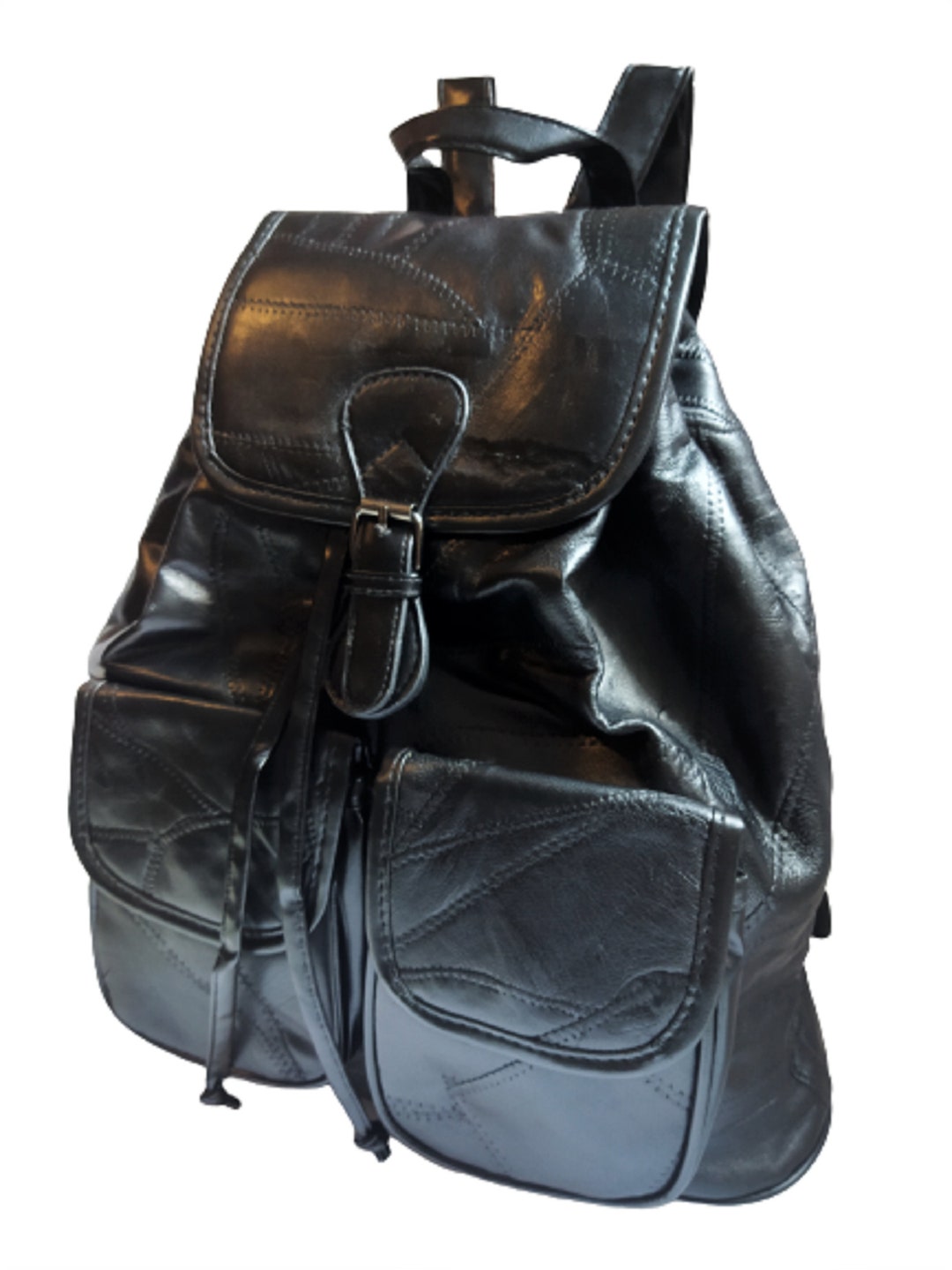Black Vegan Leather Backpack with Unique Head Design and Zip Features