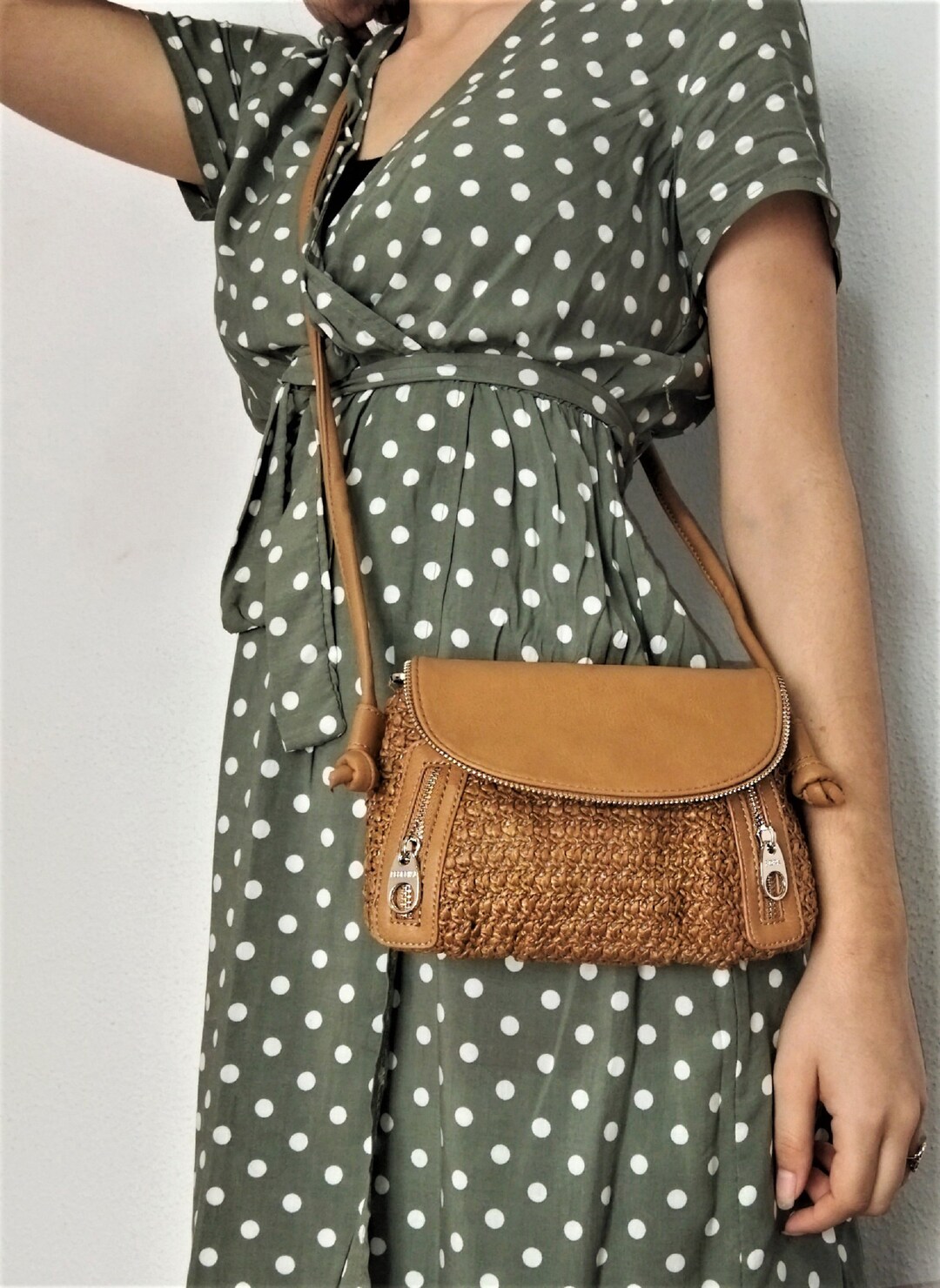 Leather and Raffia Shoulder Bag