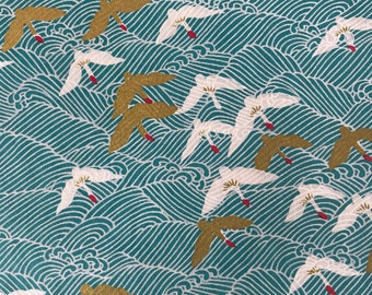 Origami -Yuzen Washi -Chiyogami -Silk Screen Paper -Craft Paper -Various Size -(S) Flocking White and Gold Cranes on Blue Waves Pattern #740