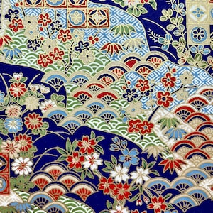 Origami -Yuzen Washi -Chiyogami - Silk Screen Paper -Craft Paper -Traditional Japanese Wagara and Flowers on Blue Pattern #123
