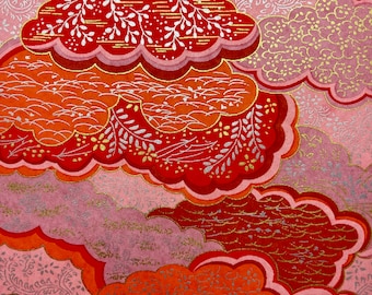 Origami -Yuzen Washi -Chiyogami - Silk Screen Paper -Craft Paper -Various Sizes - (K) (S) Pink and Red Floral Pattern Clouds Pattern #77