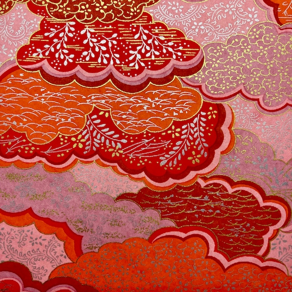 Origami -Yuzen Washi -Chiyogami - Silk Screen Paper -Craft Paper -Various Sizes - (S) Pink and Red Floral Pattern Clouds Pattern #77