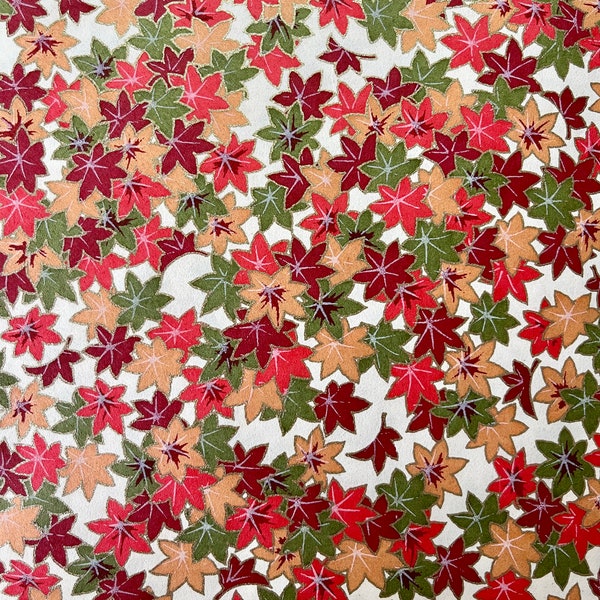 Origami -Yuzen Washi -Chiyogami - Silk Screen Paper -Craft Paper -Various Sizes - Green, Red, & Yellow Maple Leaves on White Pattern #487