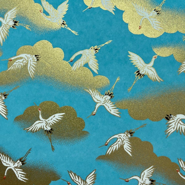 Origami -Yuzen Washi -Chiyogami - Silk Screen Paper -Craft Paper -Various Sizes -Cranes on Golden Clouds on Light Blue Pattern #118