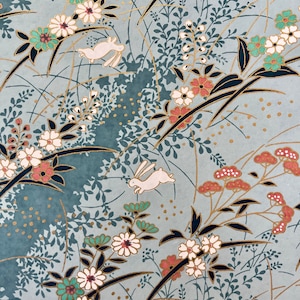 Origami -Yuzen Washi -Chiyogami - Silk Screen Paper -Craft Paper -Various Sizes - Bunnies and Garden on Light Blue Pattern #426