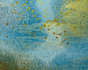 Origami -Yuzen Washi -Chiyogami - Silk Screen Paper -Craft Paper -Various Sizes -Scattered Gold and White on Light Blue Pattern #115 4405