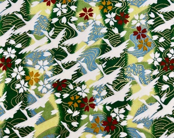 Origami -Yuzen Washi -Chiyogami -Siebdruckpapier -Verschiedene Größen (Y) Kraniche auf Grün Floral Muster #336