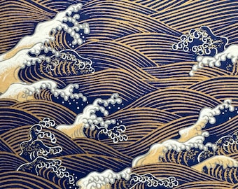 Origami - Yuzen Washi - Chiyogami - Carta serigrafica - Carta artigianale - Varie dimensioni - (S) Onde grandi dorate su sfondo blu - Motivo n. 979