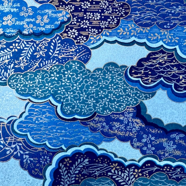 Origami -Yuzen Washi -Chiyogami -Silk Screen Paper -Craft Paper -Various Sizes -(S) Shades of Blue Floral Clouds Pattern #566