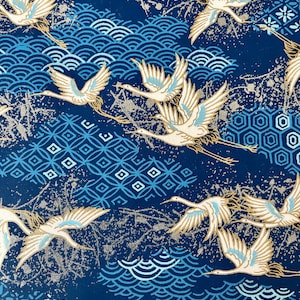 Origami -Yuzen Washi -Chiyogami -Silk Screen Paper -Craft Paper -Various Size -(M) Hills of Wagara and White Cranes on Blue Pattern #729