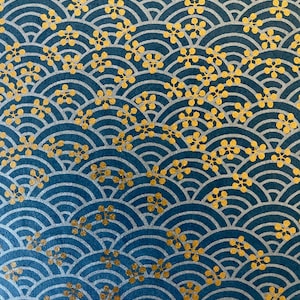 Origami -Yuzen Washi -Chiyogami -Silk Screen Paper -Craft Paper -Various Sizes (M) Golden Ume and Seigaiha on Blue Pattern #840