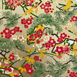 Origami -Yuzen Washi -Chiyogami -Silk Screen Paper -Craft Paper -Various Sizes (Y) Matsu Pine and Ume Plum Garden on Gold Pattern #324