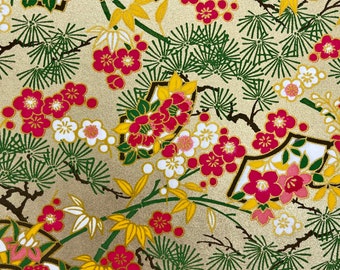 Origami -Yuzen Washi -Chiyogami -Silk Screen Paper -Craft Paper -Various Sizes (Y) Matsu Pine and Ume Plum Garden on Gold Pattern #324