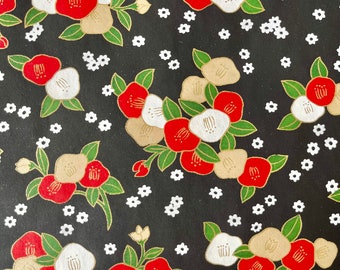 Origami -Yuzen Washi -Chiyogami -Silk Screen Paper -Craft Paper -Various Sizes -Red,Gold,and White Tsubaki Flowers on Black Pattern #546