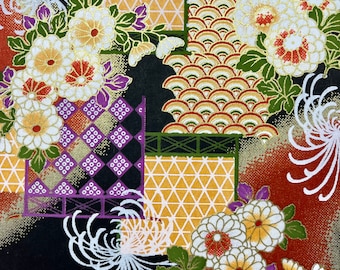 Origami - Yuzen Washi - Chiyogami - Carta serigrafica - Carta artigianale - Varie dimensioni - Giardino di crisantemi e Seigaiha modello nero n. 54