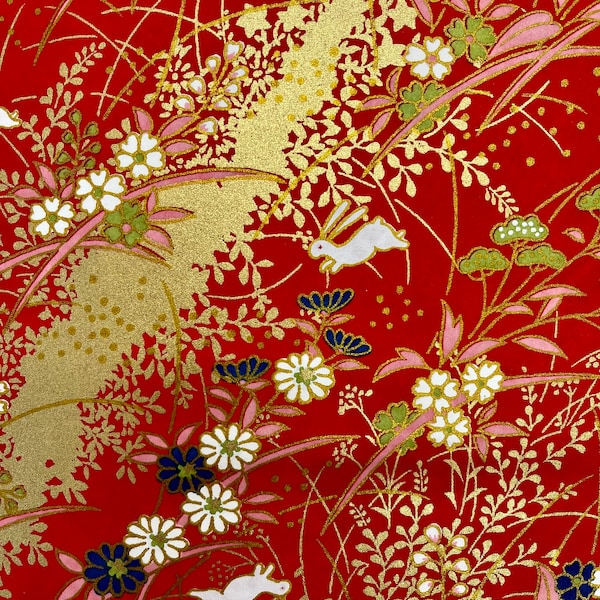 Origami -Yuzen Washi -Chiyogami - Silk Screen Paper -Craft Paper -Various Sizes -(M) Bunnies and Garden on Red Pattern #236